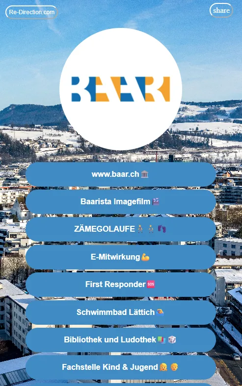 Beispiel einer kommunalen Kontakt- und Bio-Page von Baar mit Re-Direction